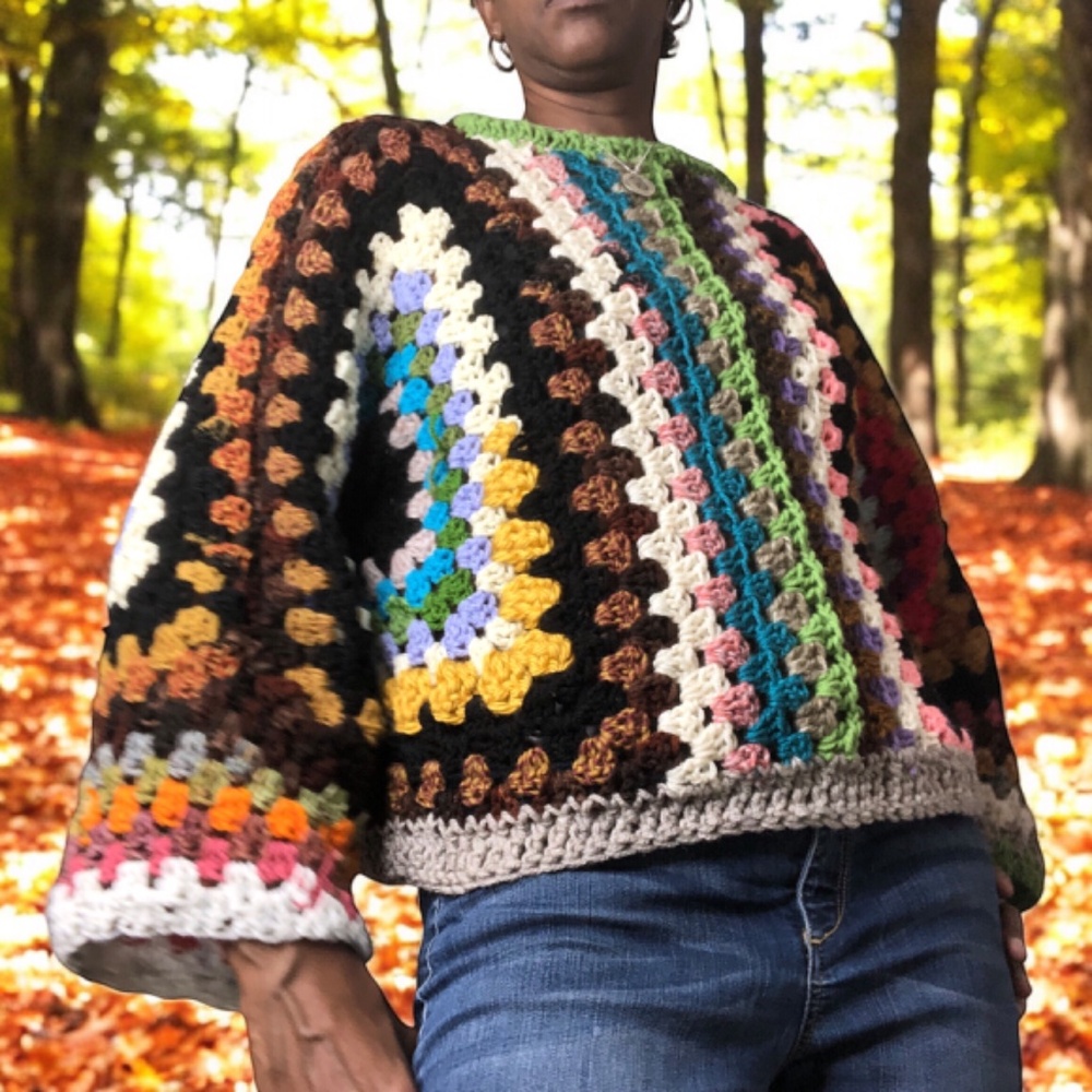 Multi-Color Artisan Cropped Pullover Bohemian Style Sweater - Picture 9 of 14